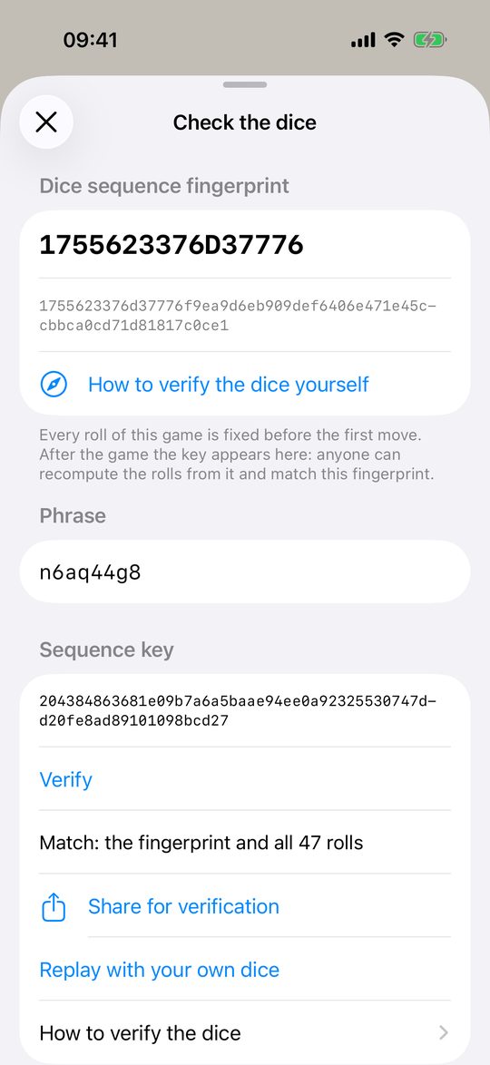 Dice fingerprint, key and verification